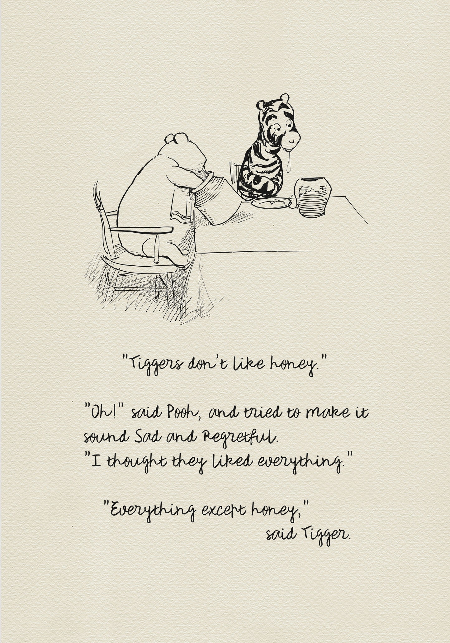 A black-and-white drawing showing Winnie the Pooh and Tigger sitting at a table. There is a jar of honey on the table. Winnie the Pooh is holding another jar of honey in his hand. Below the picture is a quote from the book “The House at Pooh Corner: "Tiggers don't like honey."  "Oh!" said Pooh, and tried to make it sound Sad and Regretful. "I thought they liked everything." "Everything except honey," said Tigger.