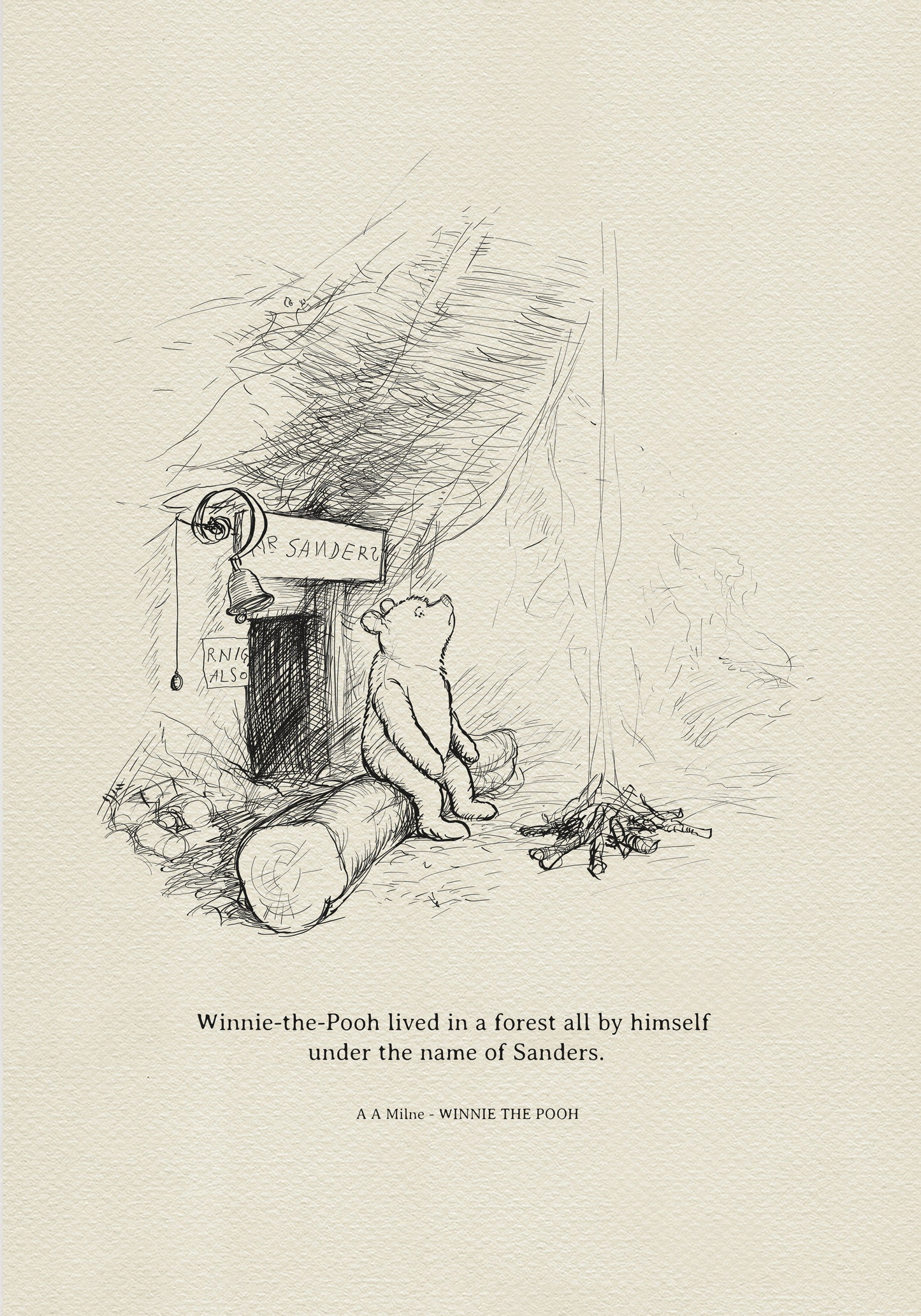 A black and white line drawing of a bear sitting on a log in front of a front door  with a sign that reads 'Mr. Sanders' and a bell hanging above the door. The bear is looking up at something off-screen. There are some sticks on the ground in front of the bear.