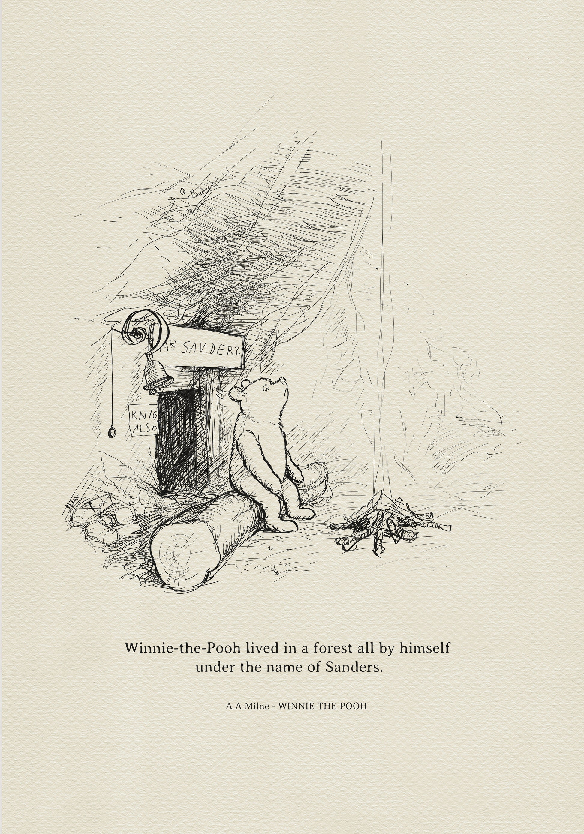 A black and white line drawing of a bear sitting on a log in front of a front door  with a sign that reads 'Mr. Sanders' and a bell hanging above the door. The bear is looking up at something off-screen. There are some sticks on the ground in front of the bear.