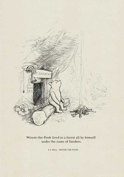 A black and white line drawing of a bear sitting on a log in front of a front door  with a sign that reads 'Mr. Sanders' and a bell hanging above the door. The bear is looking up at something off-screen. There are some sticks on the ground in front of the bear.
