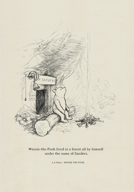 A black and white line drawing of a bear sitting on a log in front of a front door  with a sign that reads 'Mr. Sanders' and a bell hanging above the door. The bear is looking up at something off-screen. There are some sticks on the ground in front of the bear.