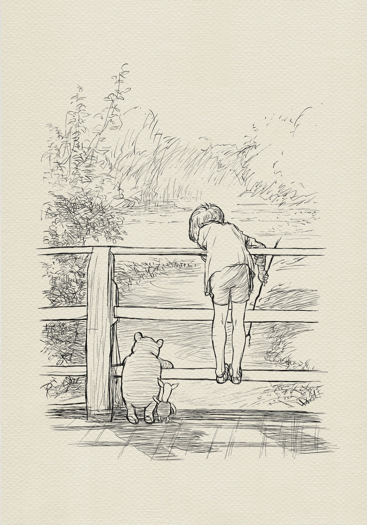 A black-and-white drawing of Winnie the Pooh and Piglet standing on a wooden bridge. Christopher Robin is leaning over the bridge railing, looking over the fence at the river. They are probably playing Poohsticks game.