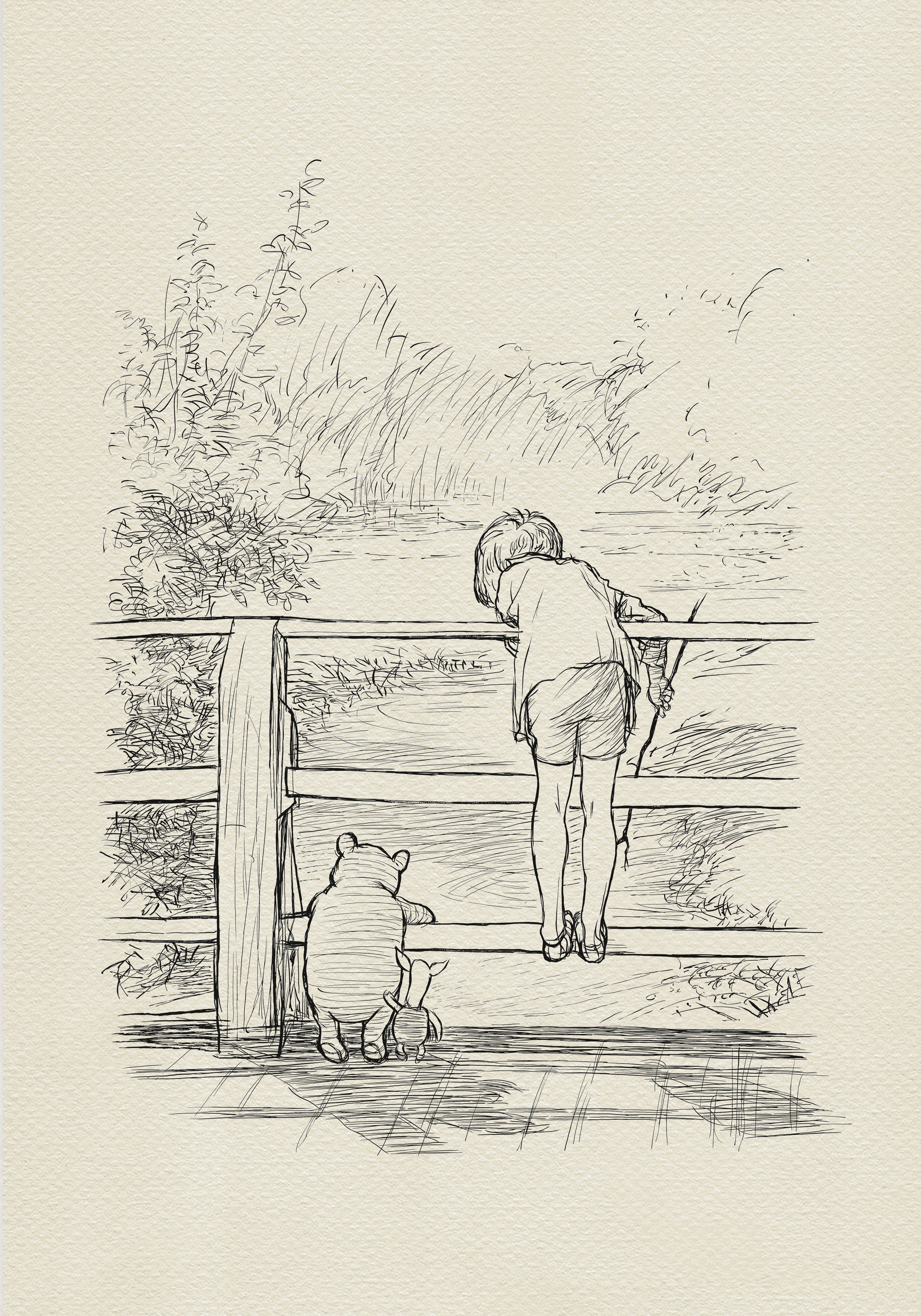 A black-and-white drawing of Winnie the Pooh and Piglet standing on a wooden bridge. Christopher Robin is leaning over the bridge railing, looking over the fence at the river. They are probably playing Poohsticks game.