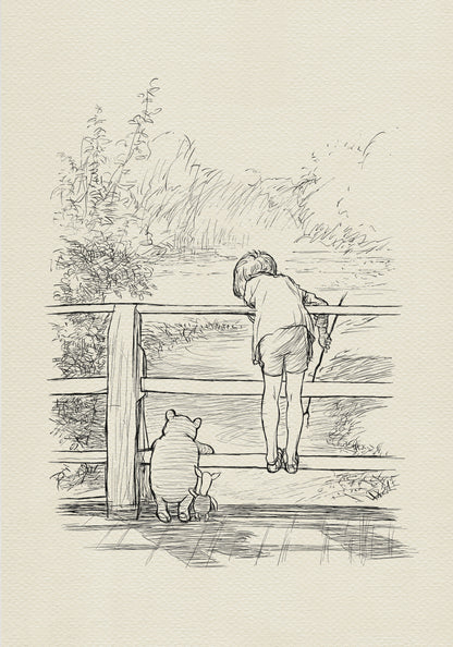 A black-and-white drawing of Winnie the Pooh and Piglet standing on a wooden bridge. Christopher Robin is leaning over the bridge railing, looking over the fence at the river. They are probably playing Poohsticks game.