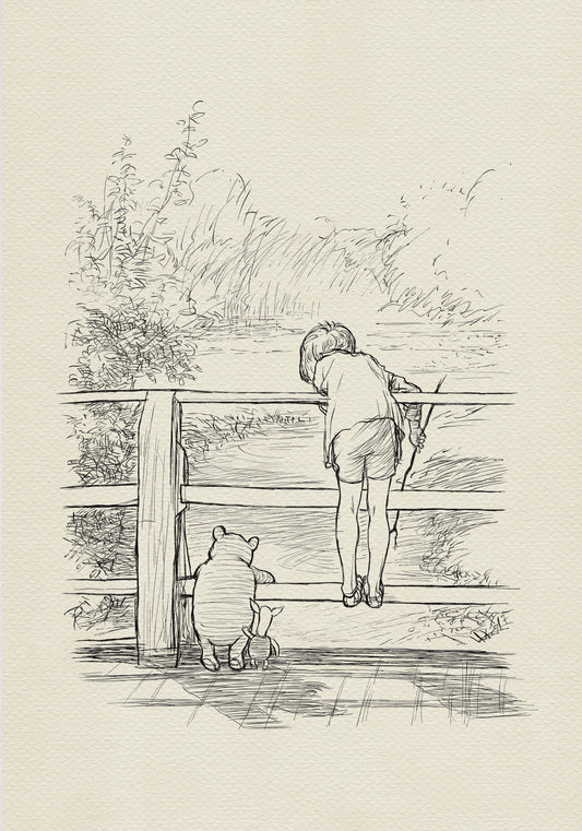 A black-and-white drawing of Winnie the Pooh and Piglet standing on a wooden bridge. Christopher Robin is leaning over the bridge railing, looking over the fence at the river. They are probably playing Poohsticks game.