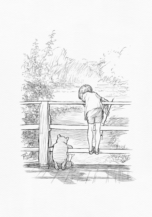 A black-and-white drawing of Christopher Robin, Winnie the Pooh and Piglet standing on a wooden bridge. Christopher Robin is leaning over the bridge railing, looking over the fence at the river. They are probably playing Poohsticks game.
