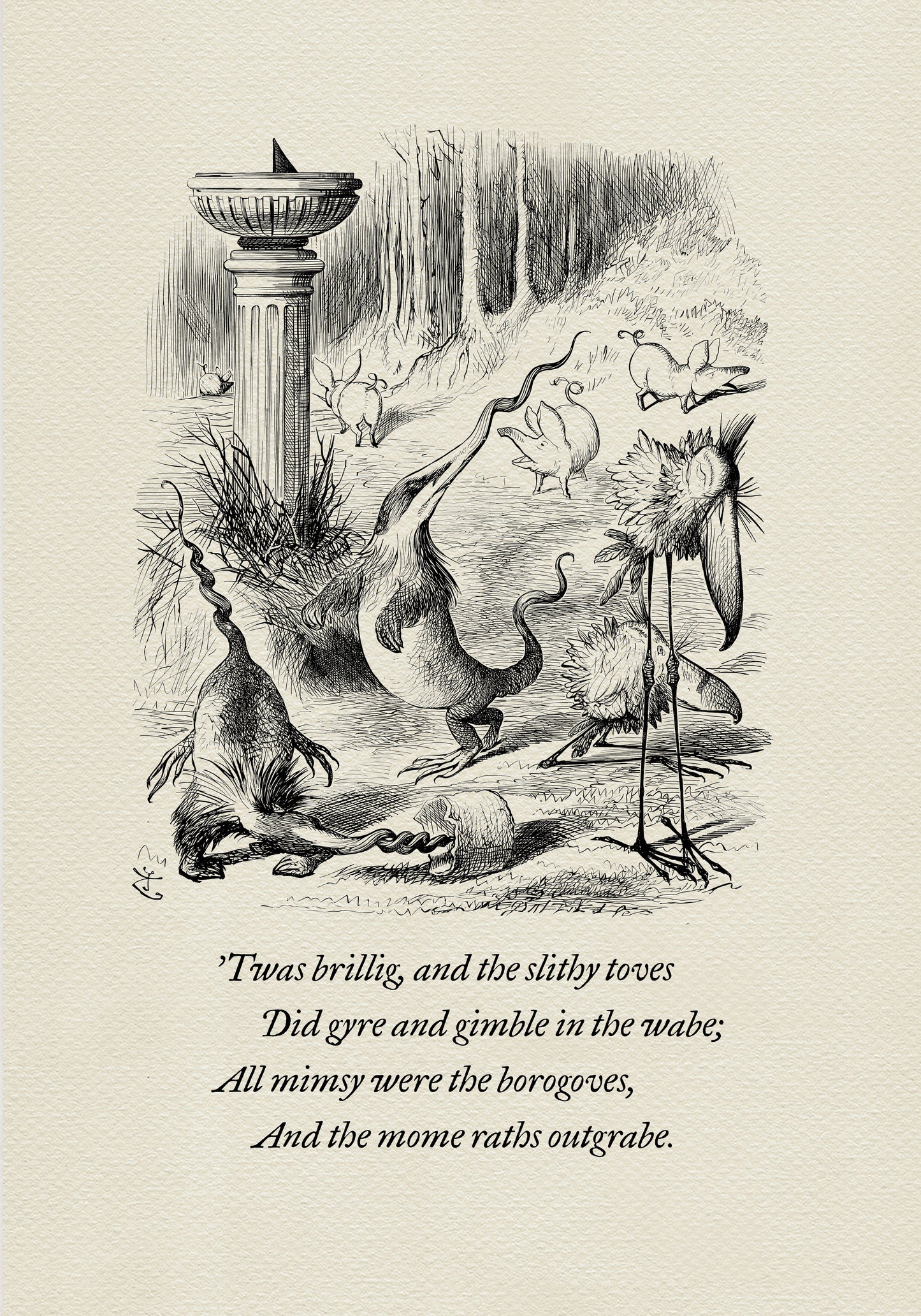 A black-and-white illustration depicting a group of fantastical creatures against the backdrop of a classical landscape. Below the illustration is a poem from the book Through the Looking Glass - "Twas brillig, and the slithy toves
Did gyre and gimble in the wabe:
All mimsy were the borogoves,
And the mome raths outgrabe."