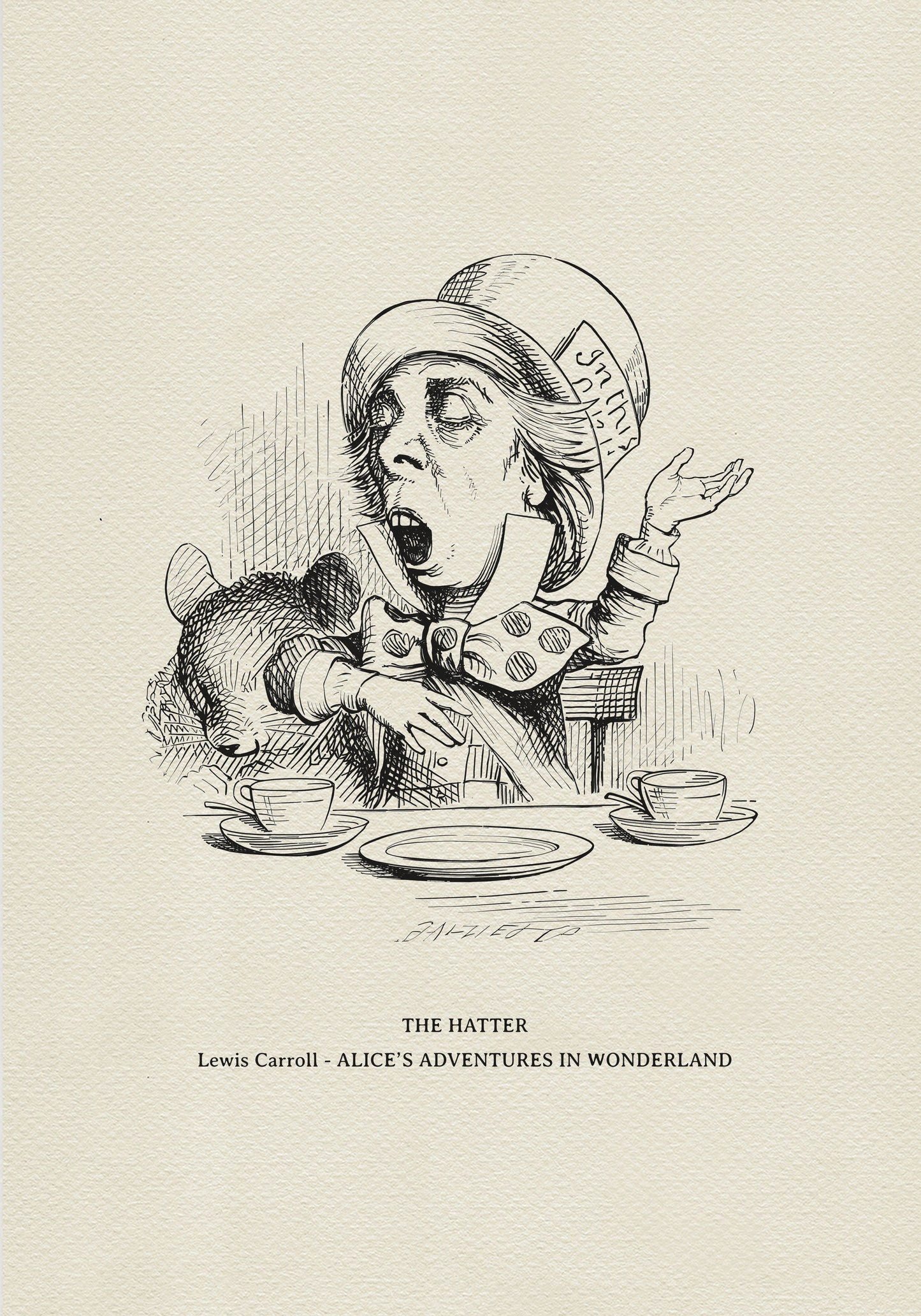 Black and white illustration of the Mad Hatter from Alice in Wonderland. The Hatter is seated at a table with a teacup, saucer, and plate. The image includes the text "In this style" on the Hatter's hat.
