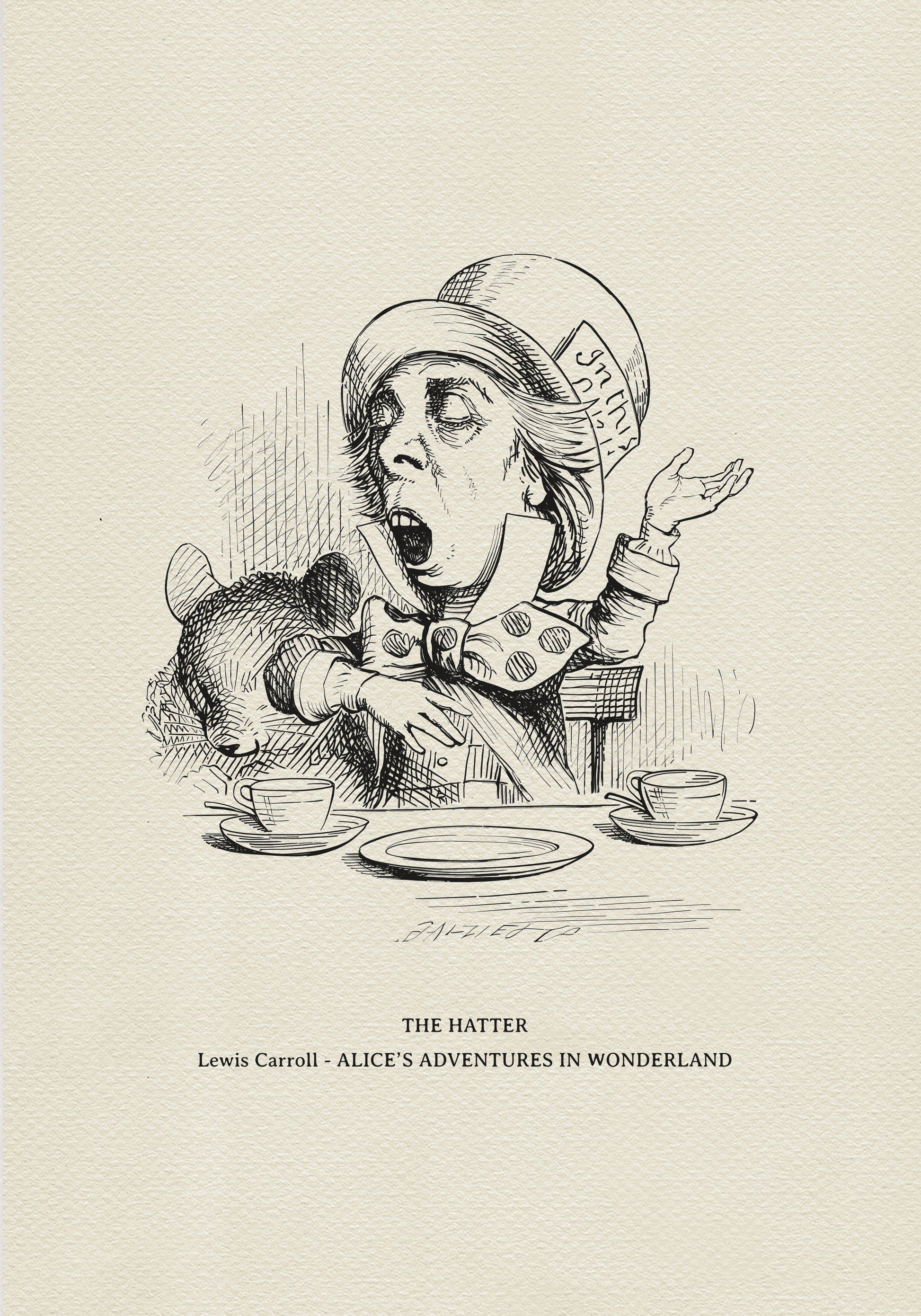 Black and white illustration of the Mad Hatter from Alice in Wonderland. The Hatter is seated at a table with a teacup, saucer, and plate. The image includes the text "In this style" on the Hatter's hat.