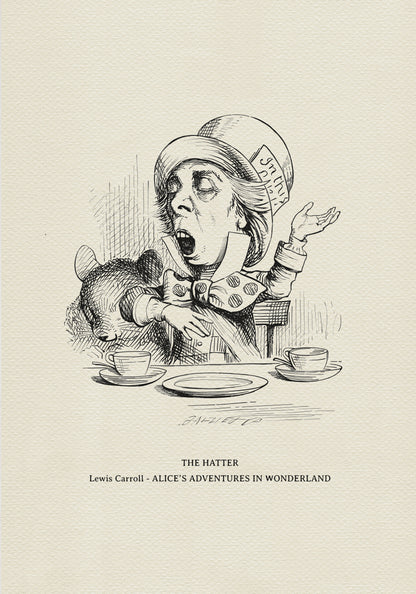 Black and white illustration of the Mad Hatter from Alice in Wonderland. The Hatter is seated at a table with a teacup, saucer, and plate. The image includes the text "In this style" on the Hatter's hat.
