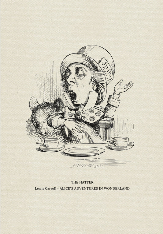 Black and white illustration of the Mad Hatter from Alice in Wonderland. The Hatter is seated at a table with a teacup, saucer, and plate. The image includes the text "In this style" on the Hatter's hat.