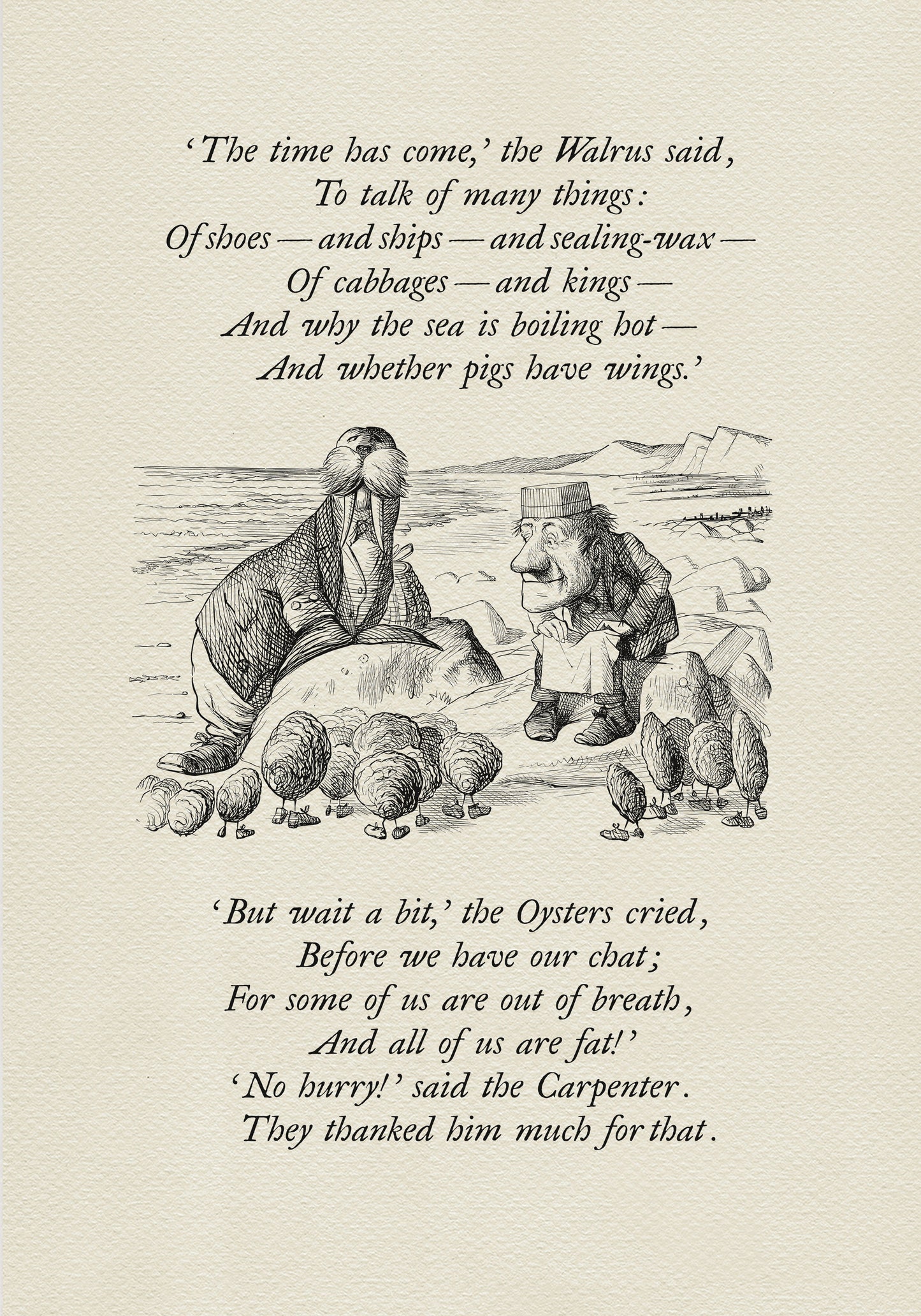 Black and white illustration from "The Walrus and the Carpenter" poem. A walrus and a man stand on a beach, with text from the poem above and below the image. The walrus is wearing a coat and the man is wearing a suit.