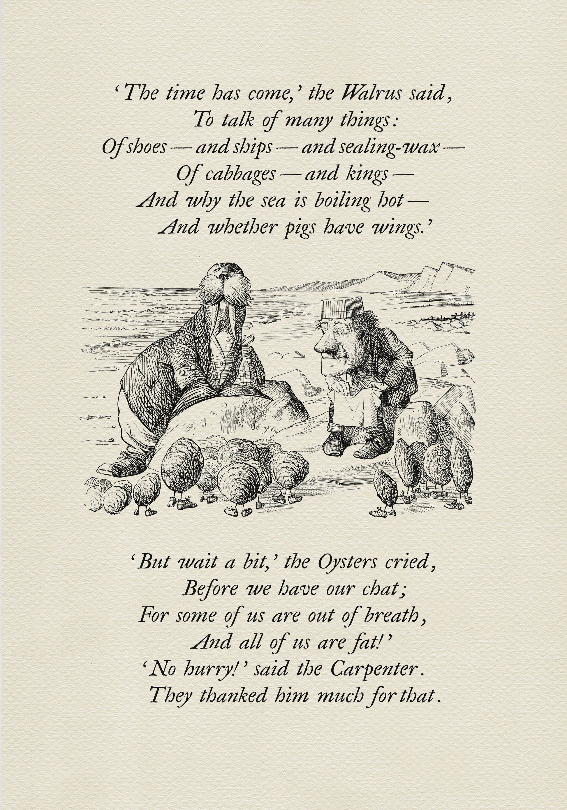 Black and white illustration from "The Walrus and the Carpenter" poem. A walrus and a man stand on a beach, with text from the poem above and below the image. The walrus is wearing a coat and the man is wearing a suit.
