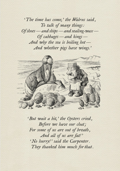 Black and white illustration from "The Walrus and the Carpenter" poem. A walrus and a man stand on a beach, with text from the poem above and below the image. The walrus is wearing a coat and the man is wearing a suit.