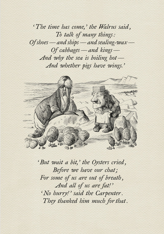 Black and white illustration from "The Walrus and the Carpenter" poem. A walrus and a man stand on a beach, with text from the poem above and below the image. The walrus is wearing a coat and the man is wearing a suit.