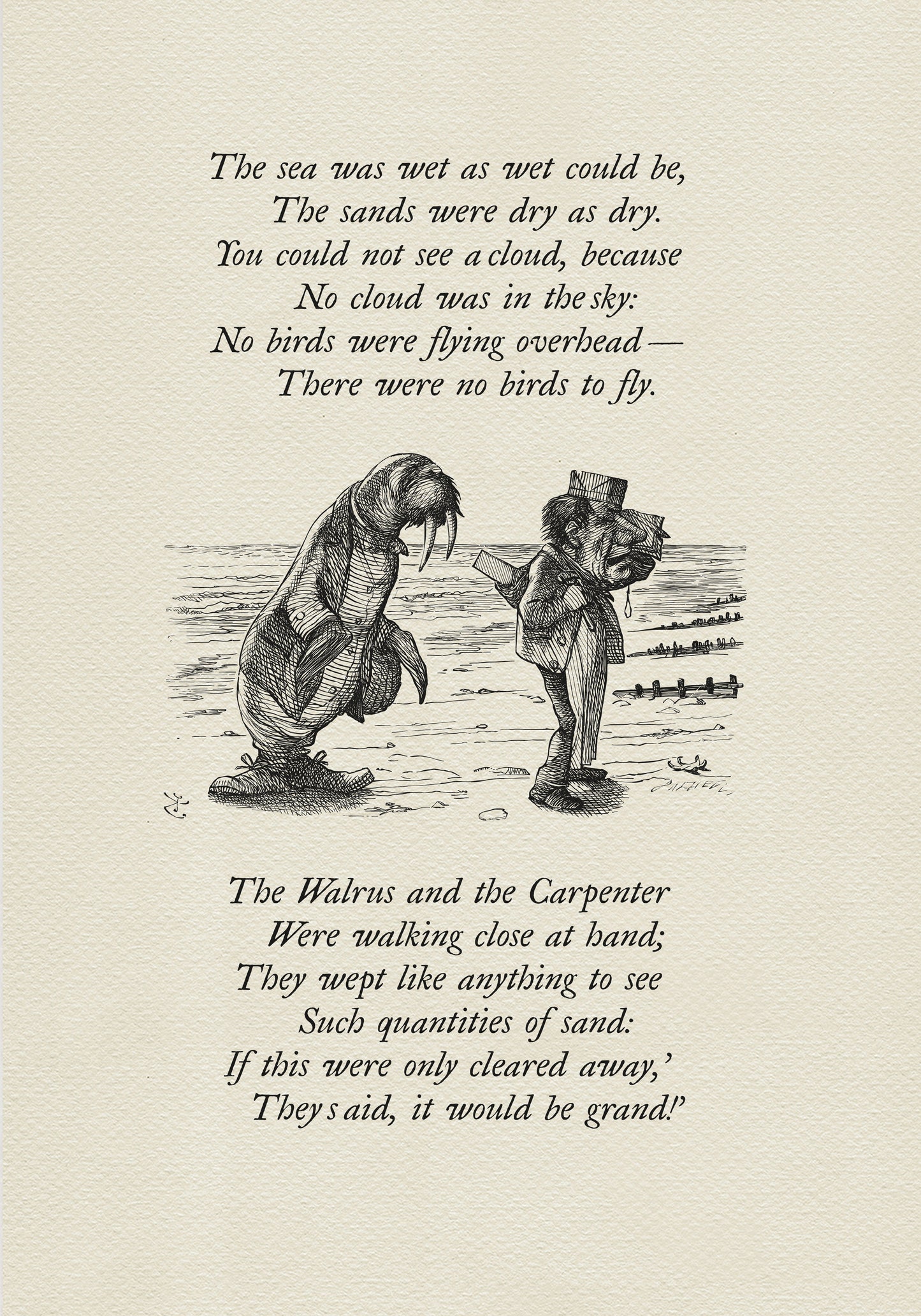 Black and white illustration from "The Walrus and the Carpenter" poem. A walrus and a man stand on a beach, with text from the poem above and below the image. The walrus is wearing a coat and the man is wearing a suit.