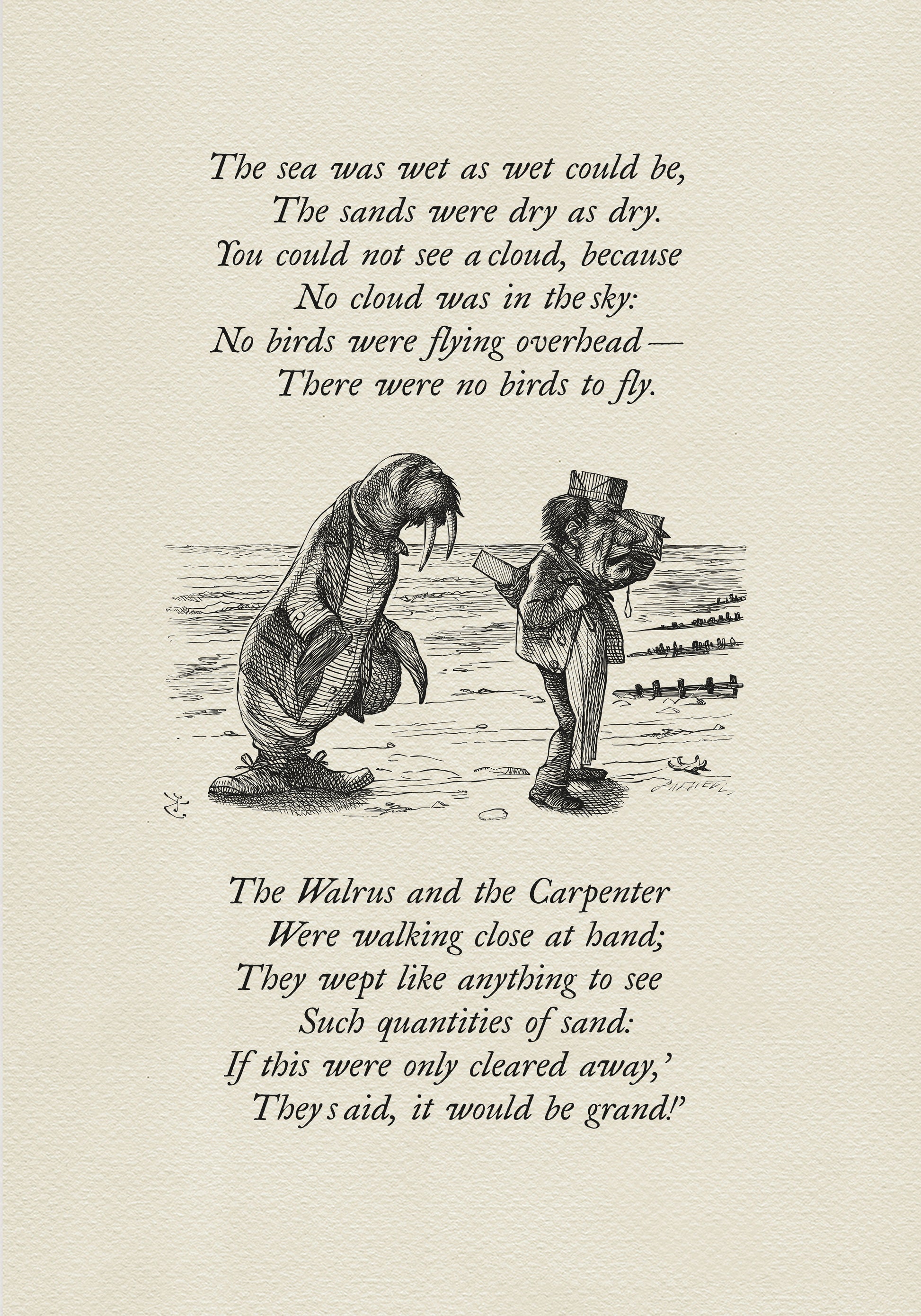 Black and white illustration from "The Walrus and the Carpenter" poem. A walrus and a man stand on a beach, with text from the poem above and below the image. The walrus is wearing a coat and the man is wearing a suit.