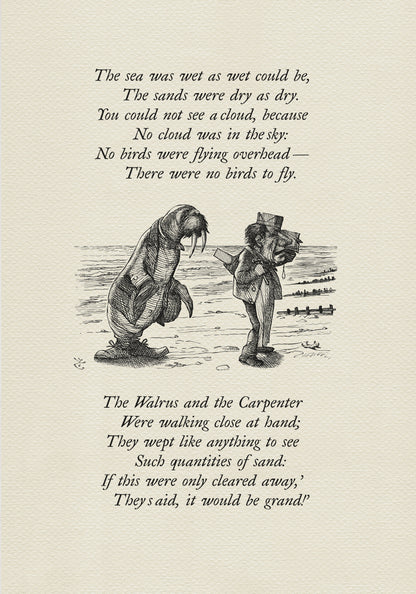 Black and white illustration from "The Walrus and the Carpenter" poem. A walrus and a man stand on a beach, with text from the poem above and below the image. The walrus is wearing a coat and the man is wearing a suit.