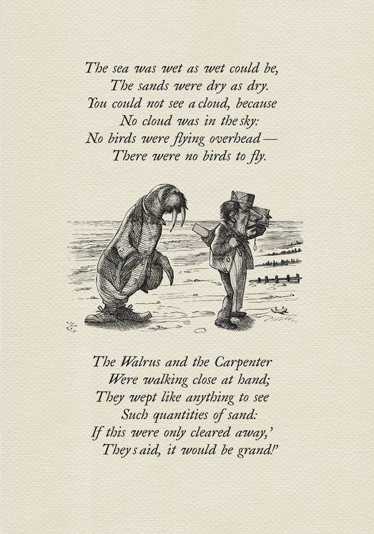Black and white illustration from "The Walrus and the Carpenter" poem. A walrus and a man stand on a beach, with text from the poem above and below the image. The walrus is wearing a coat and the man is wearing a suit.