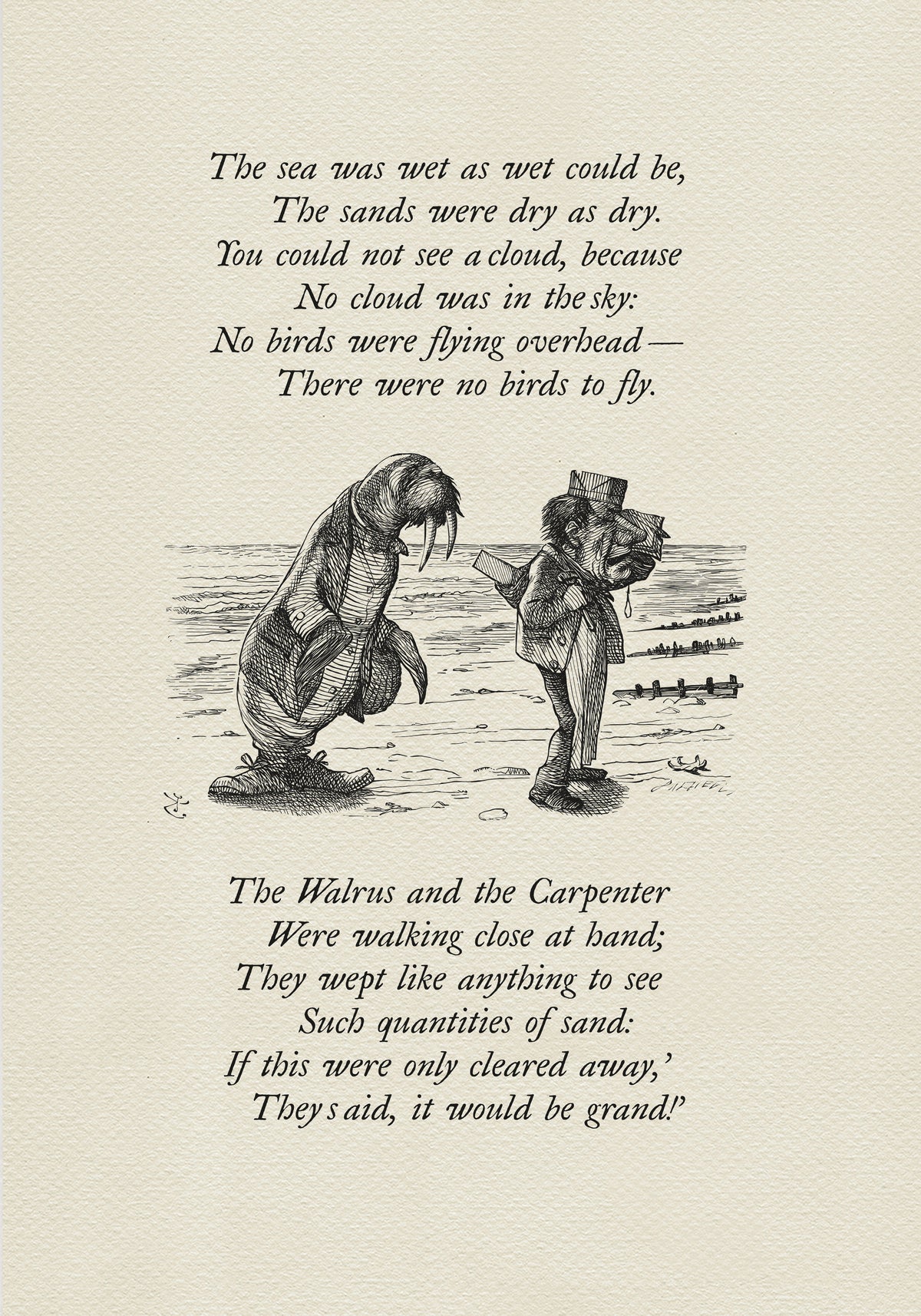 Black and white illustration from "The Walrus and the Carpenter" poem. A walrus and a man stand on a beach, with text from the poem above and below the image. The walrus is wearing a coat and the man is wearing a suit.