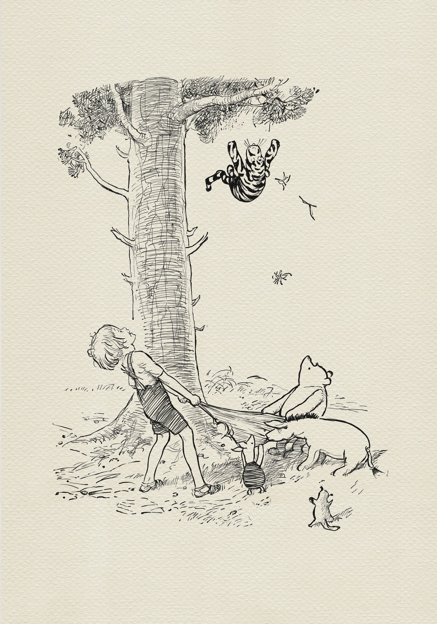 A black and white illustration of Christopher Robin pulling a blanket attached to Winnie the Pooh, eeyore and Pigletiglet. Tigger is hanging upside down from a tree branch above them. A Roo is standing on its hind legs watching the scene.