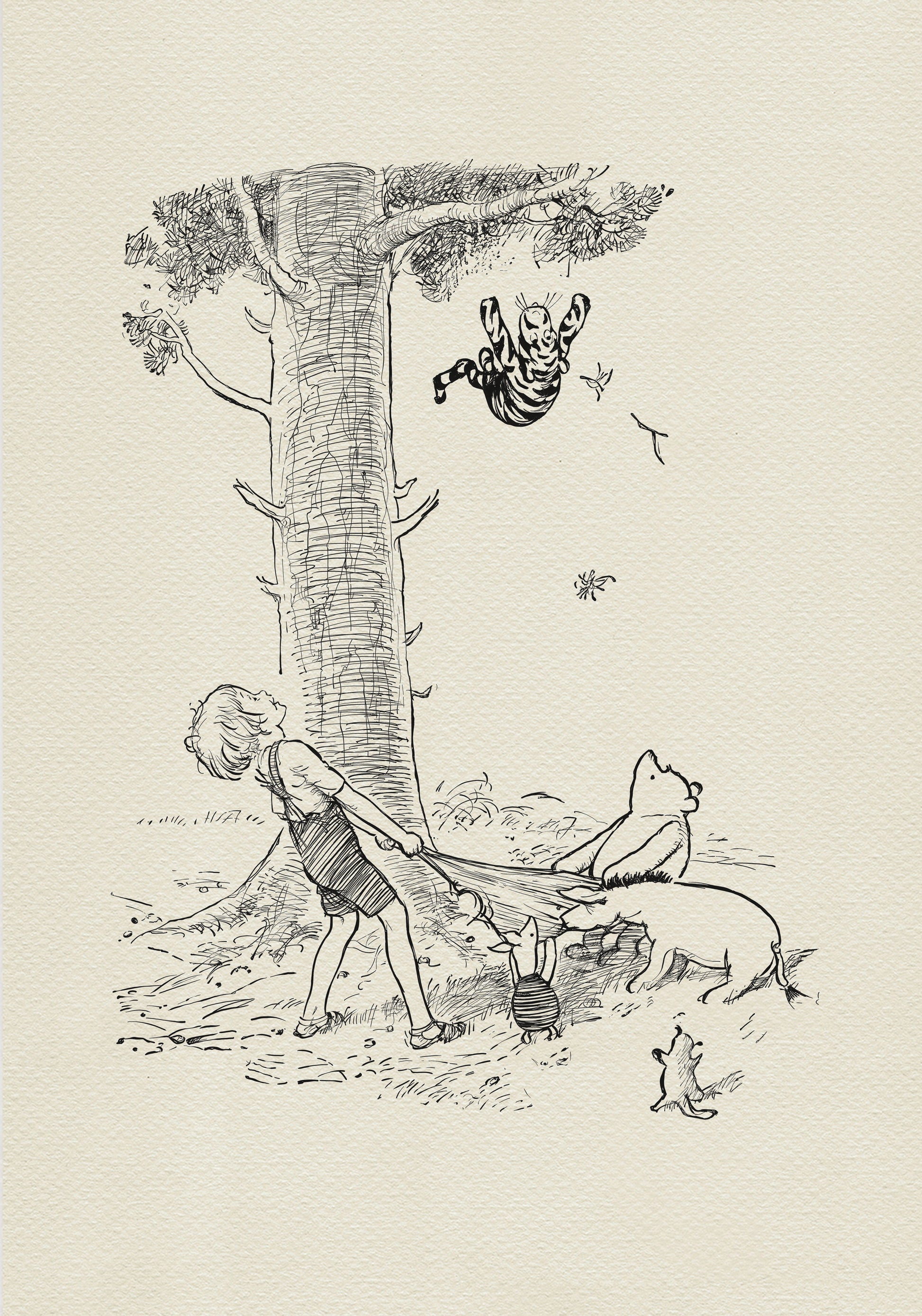 A black and white illustration of Christopher Robin pulling a blanket attached to Winnie the Pooh, eeyore and Pigletiglet. Tigger is hanging upside down from a tree branch above them. A Roo is standing on its hind legs watching the scene.
