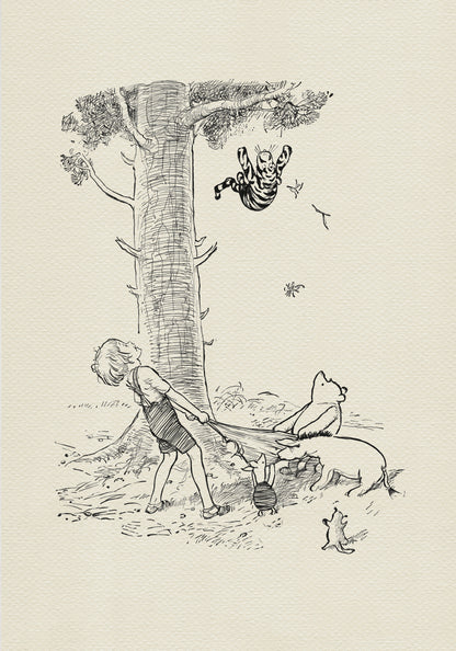 A black and white illustration of Christopher Robin pulling a blanket attached to Winnie the Pooh, eeyore and Pigletiglet. Tigger is hanging upside down from a tree branch above them. A Roo is standing on its hind legs watching the scene.
