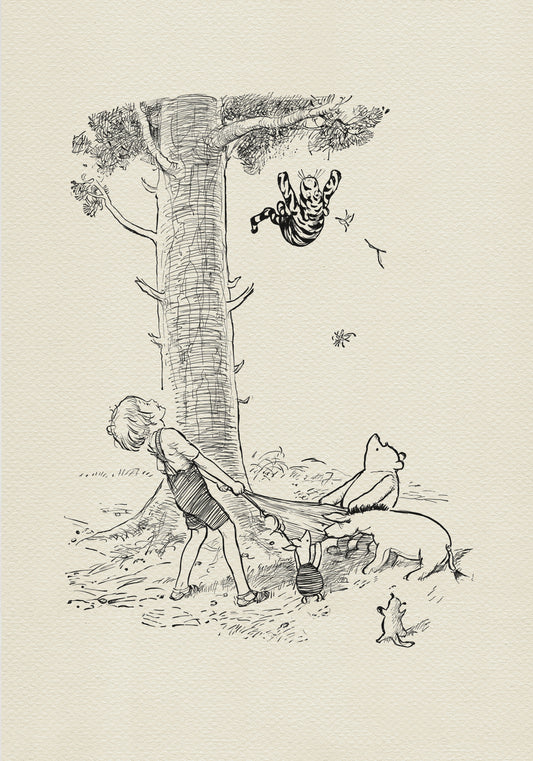 A black and white illustration of Christopher Robin pulling a blanket attached to Winnie the Pooh, eeyore and Pigletiglet. Tigger is hanging upside down from a tree branch above them. A Roo is standing on its hind legs watching the scene.