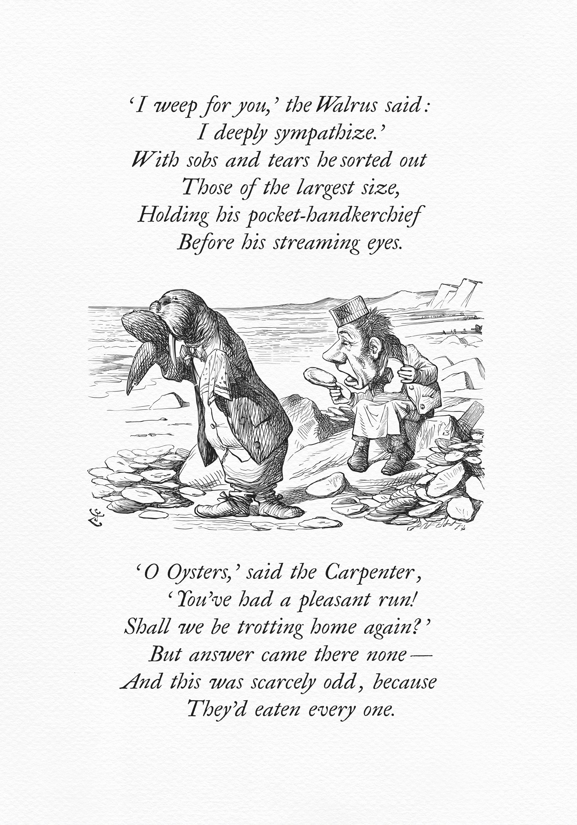 Black and white illustration from "The Walrus and the Carpenter" poem. A walrus and a man stand on a beach, with text from the poem above and below the image. The walrus is wearing a coat and the man is wearing a suit.