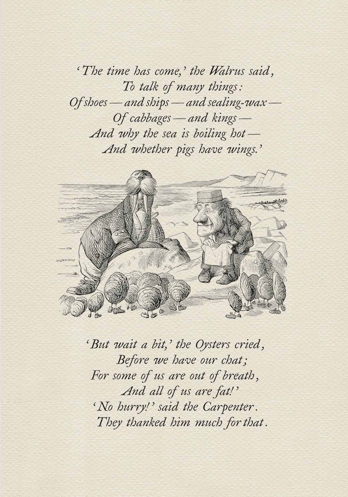 Black and white illustration from "The Walrus and the Carpenter" poem. A walrus and a man stand on a beach, with text from the poem above and below the image. The walrus is wearing a coat and the man is wearing a suit.