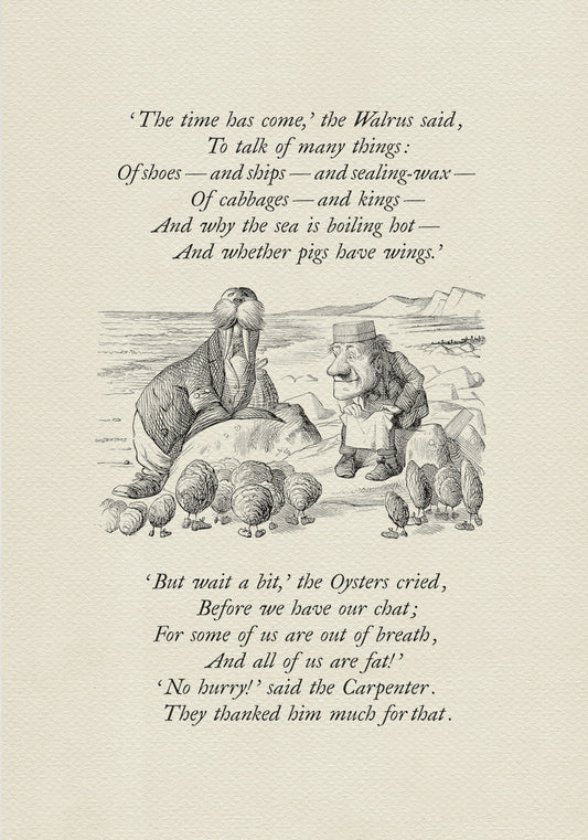 Black and white illustration from "The Walrus and the Carpenter" poem. A walrus and a man stand on a beach, with text from the poem above and below the image. The walrus is wearing a coat and the man is wearing a suit.