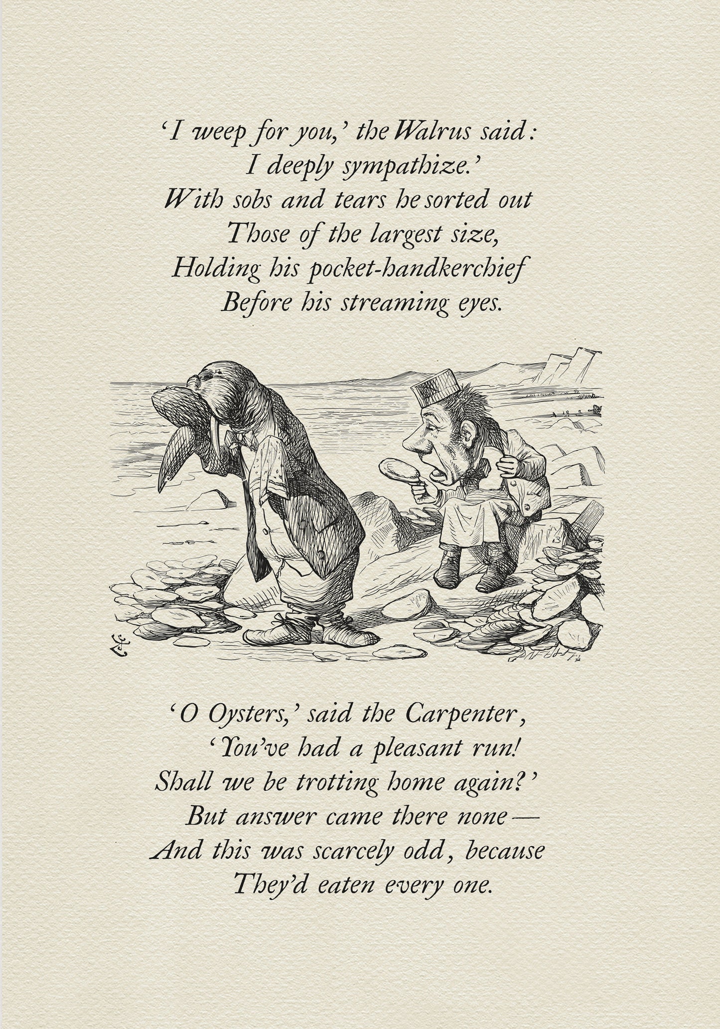 Black and white illustration from "The Walrus and the Carpenter" poem. A walrus and a man stand on a beach, with text from the poem above and below the image. The walrus is wearing a coat and the man is wearing a suit.