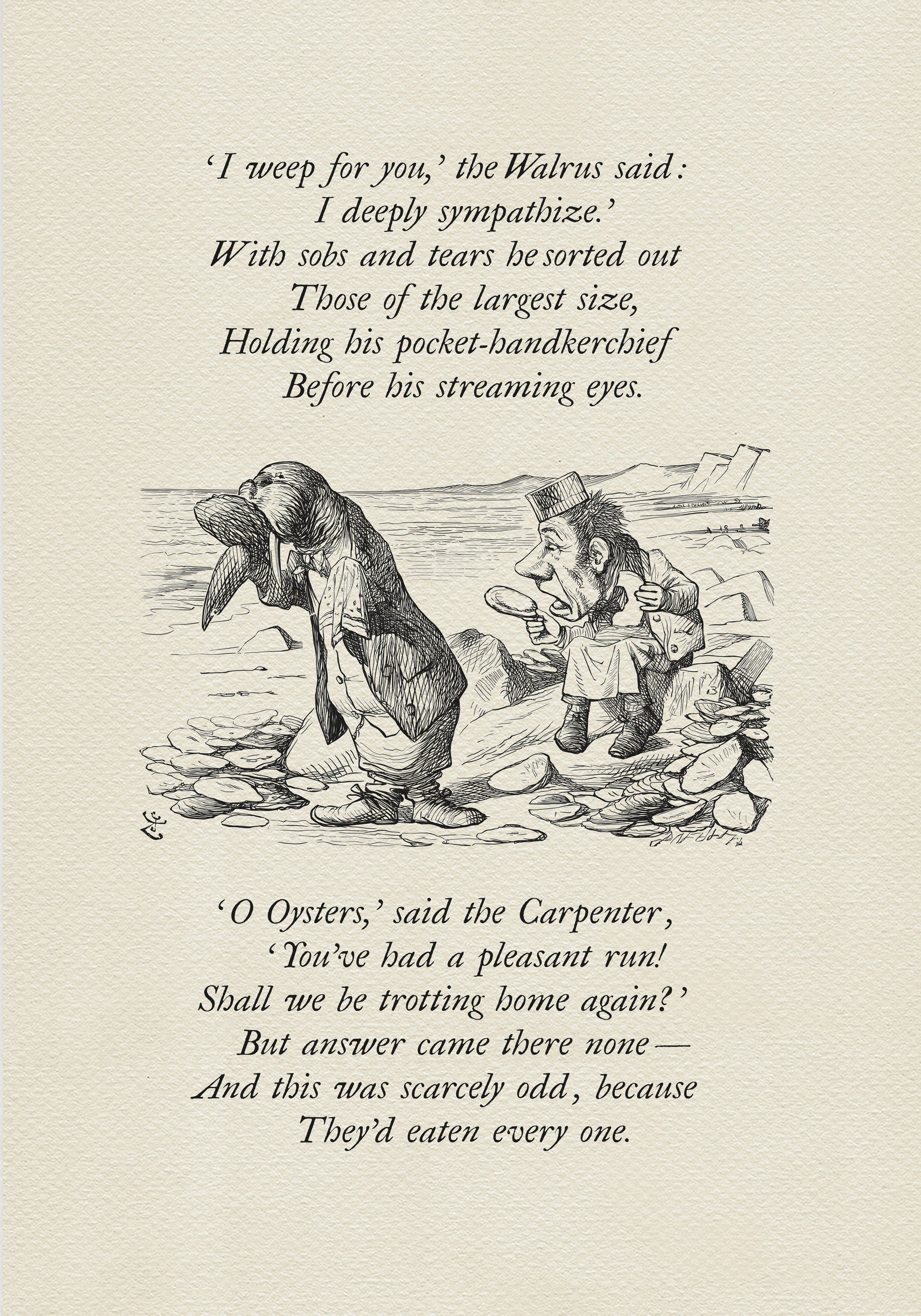 Black and white illustration from "The Walrus and the Carpenter" poem. A walrus and a man stand on a beach, with text from the poem above and below the image. The walrus is wearing a coat and the man is wearing a suit.
