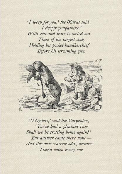 Black and white illustration from "The Walrus and the Carpenter" poem. A walrus and a man stand on a beach, with text from the poem above and below the image. The walrus is wearing a coat and the man is wearing a suit.
