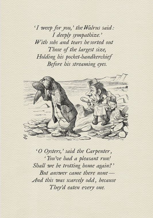 Black and white illustration from "The Walrus and the Carpenter" poem. A walrus and a man stand on a beach, with text from the poem above and below the image. The walrus is wearing a coat and the man is wearing a suit.