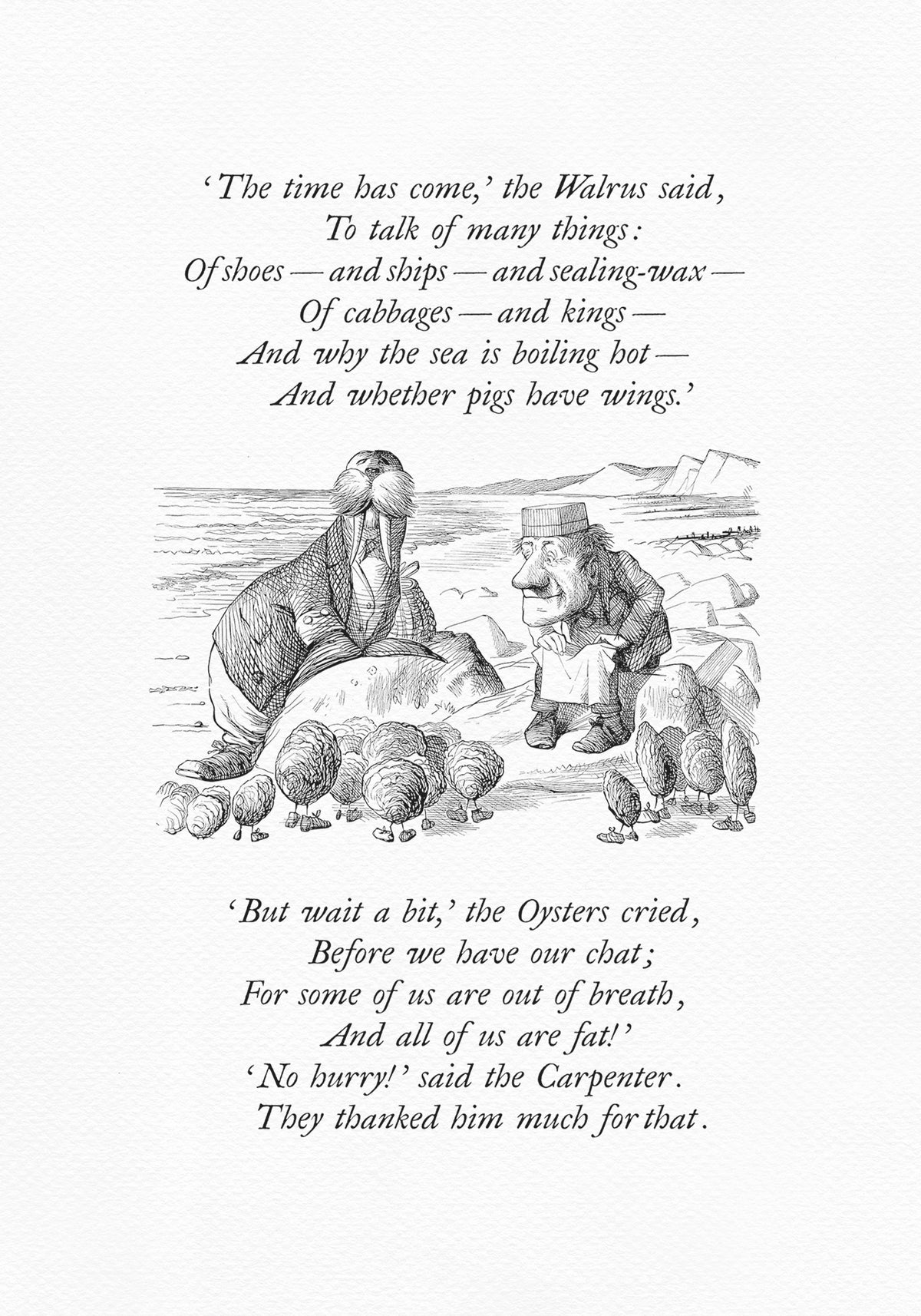 Black and white illustration from "The Walrus and the Carpenter" poem. A walrus and a man stand on a beach, with text from the poem above and below the image. The walrus is wearing a coat and the man is wearing a suit.