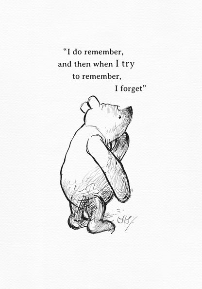 A black and white line drawing of Winnie the Pooh with a thoughtful expression. The bear is standing on its hind legs and has its paws clasped in front of its chest. The bear is looking up and to the right. The text 'I do remember, and then when I TRY to remember, I forget.' is written above the bear.