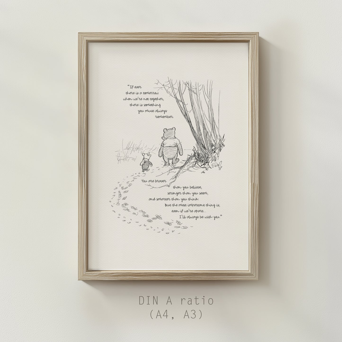 Winnie the Pooh Wall Art Print Inspirational Quote, Vintage Style Illustration for Friendship & Courage