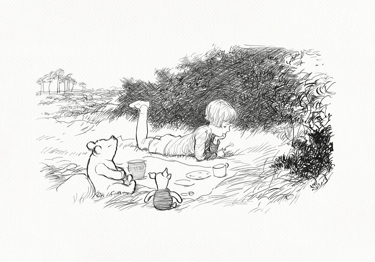 A black and white illustration of Christopher Robin laying on the ground with Winnie the Pooh and Piglet. The child is looking down at the ground. The teddy bear is sitting up and looking up. The pig toy is sitting up and looking at the child. There are some items on the ground near the child, including a plate and a cup.