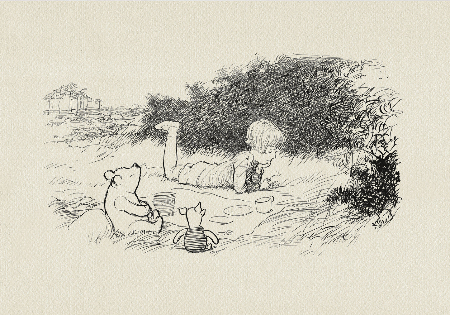 A black and white illustration of Christopher Robin laying on the ground with Winnie the Pooh and Piglet. The child is looking down at the ground. The teddy bear is sitting up and looking up. The pig toy is sitting up and looking at the child. There are some items on the ground near the child, including a plate and a cup.