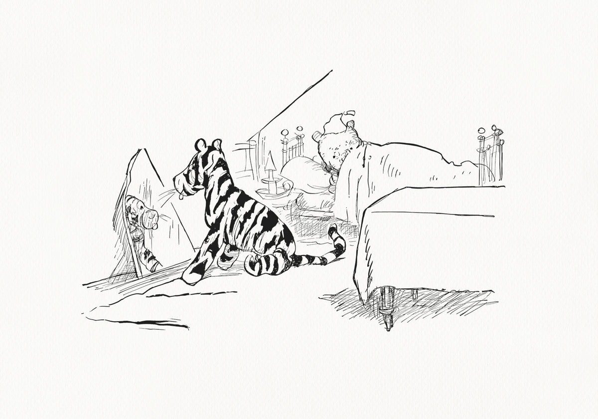 A black-and-white line drawing of Winnie the Pooh and Tigger. Tigger sits in front of a mirror, and Winnie the Pooh lies in bed, covered with a blanket. To the right of Tigger is a table covered with a tablecloth. The background is a light beige vintage color.