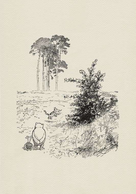 A black and white line drawing of Winnie the Pooh, Piglet, and Tigger in a forest setting. Winnie the Pooh and Piglet are walking towards the right side of the image, while Tigger is running away from them towards the left side of the image. There are trees in the background.