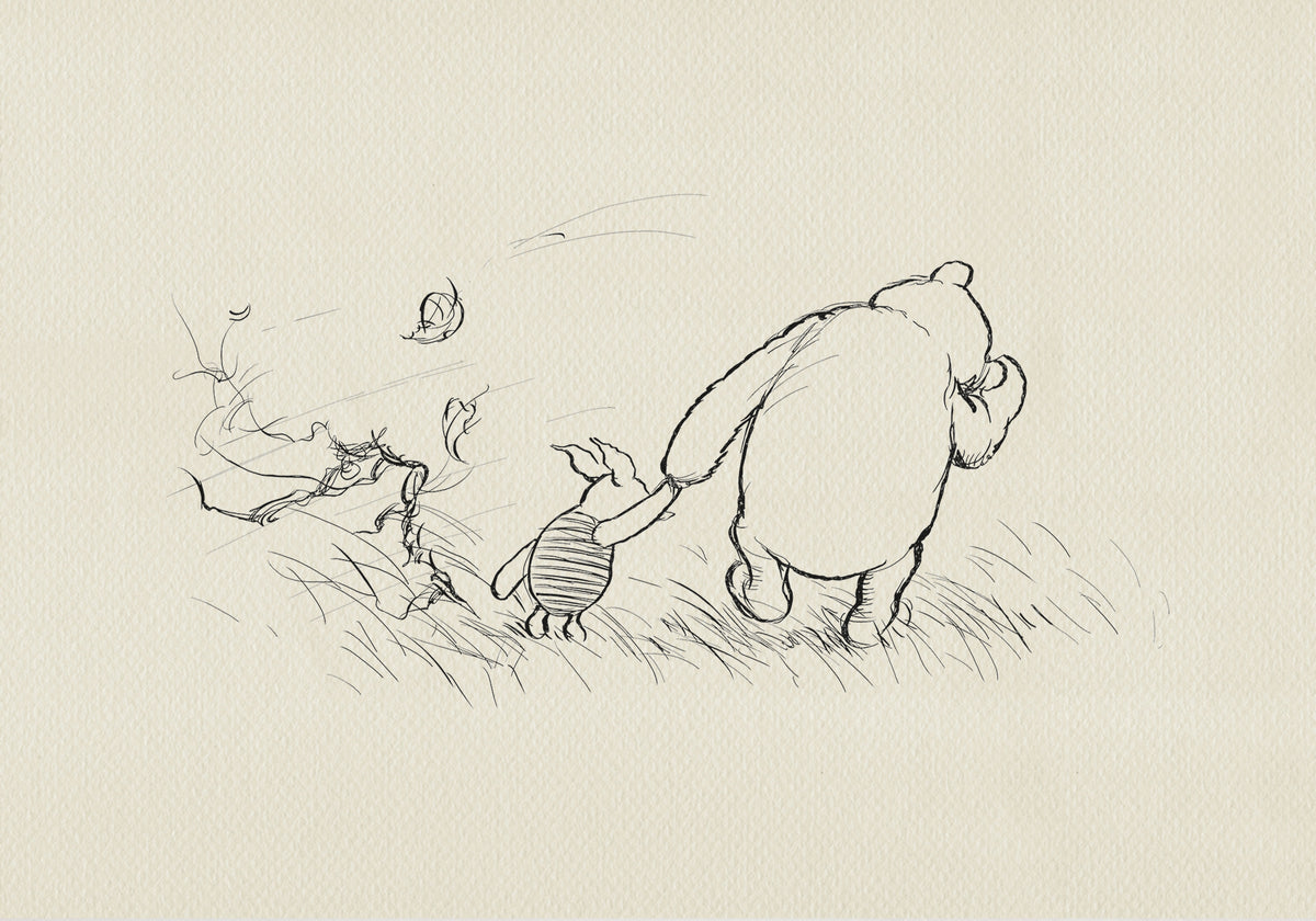 A black and white line drawing of Winnie the Pooh and Piglet walking through a field of grass. Leaves are blowing in the wind behind them.