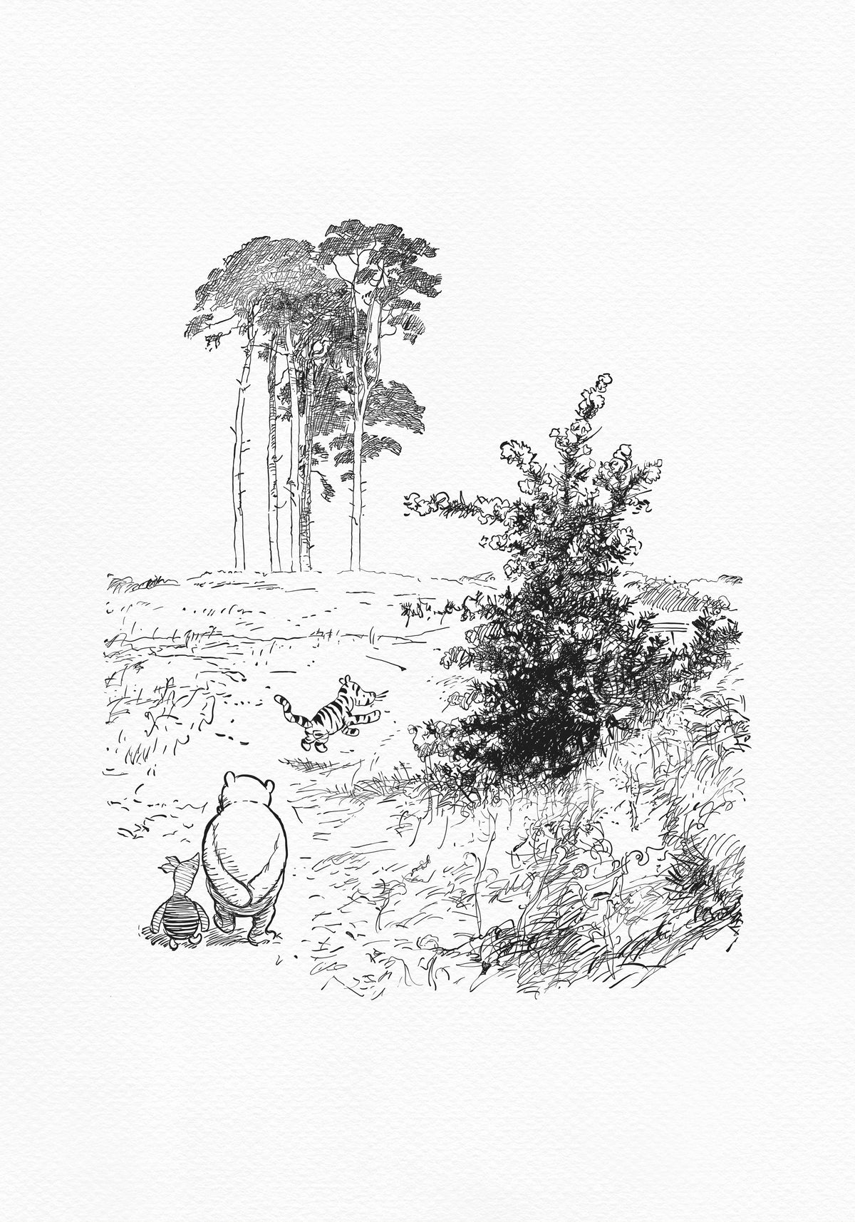 A black and white line drawing of Winnie the Pooh, Piglet, and Tigger in a forest setting. Winnie the Pooh and Piglet are walking towards the right side of the image, while Tigger is running away from them towards the left side of the image. There are trees in the background.
