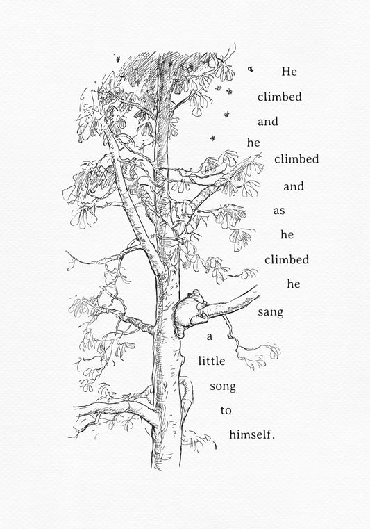 A black-and-white drawing depicting Winnie the Pooh climbing a tree. On the right side of the drawing is a quote from the book: “He climbed and he climbed, and as he climbed, he sang a little song to himself.” Bees are flying around the tree.