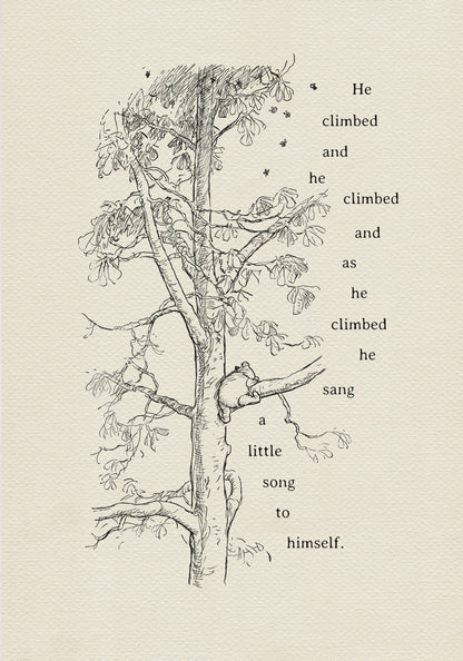 A black-and-white drawing depicting Winnie the Pooh climbing a tree. On the right side of the drawing is a quote from the book: “He climbed and he climbed, and as he climbed, he sang a little song to himself.” Bees are flying around the tree.