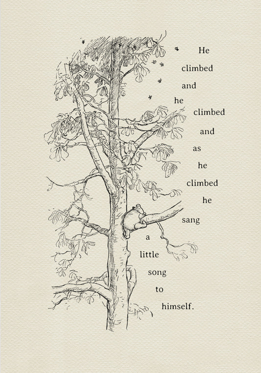 A black-and-white drawing depicting Winnie the Pooh climbing a tree. On the right side of the drawing is a quote from the book: “He climbed and he climbed, and as he climbed, he sang a little song to himself.” Bees are flying around the tree.