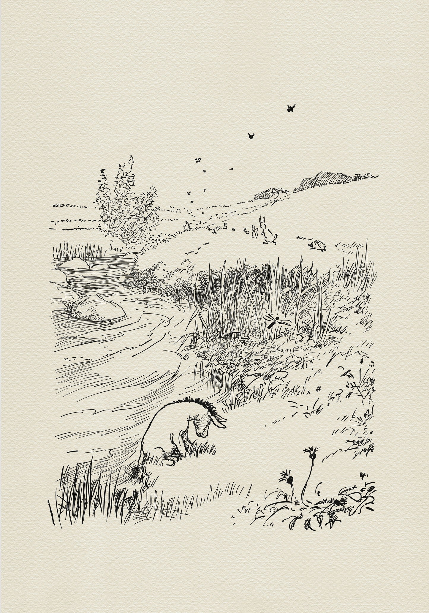 A black and white illustration of Eeyore the donkey sitting by a river. The donkey is looking down at the water. There are some small birds flying in the sky and a few small animals in the distance.