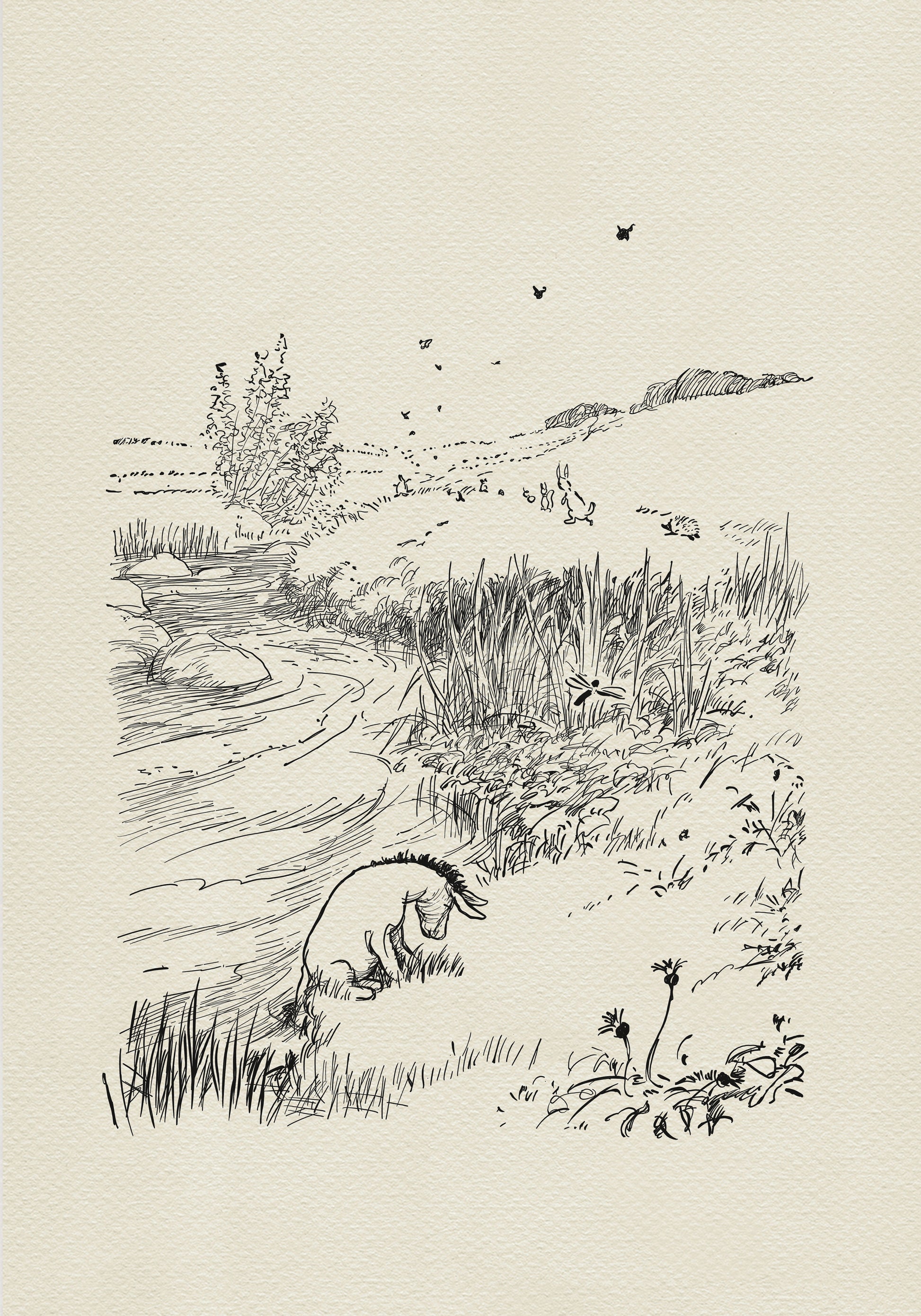 A black and white illustration of Eeyore the donkey sitting by a river. The donkey is looking down at the water. There are some small birds flying in the sky and a few small animals in the distance.