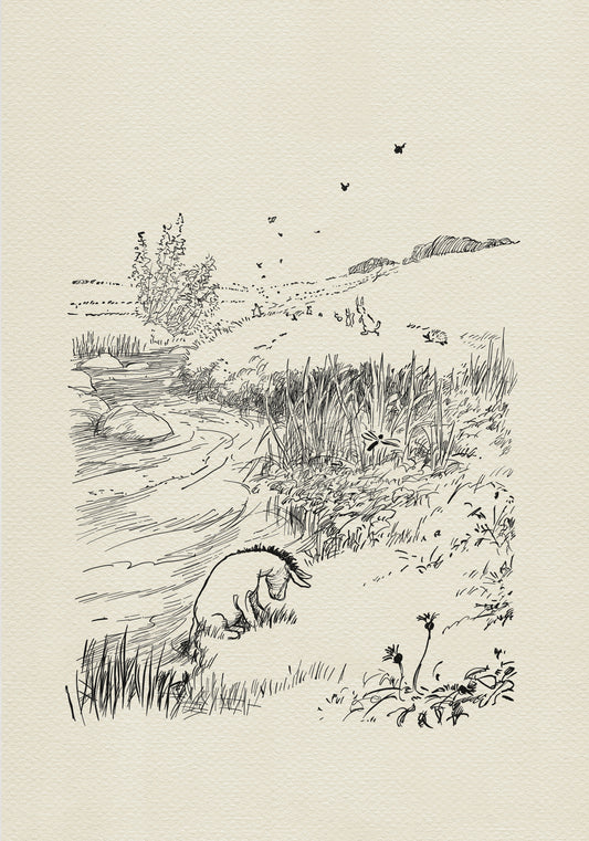 A black and white illustration of Eeyore the donkey sitting by a river. The donkey is looking down at the water. There are some small birds flying in the sky and a few small animals in the distance.